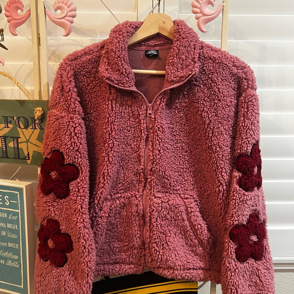 PacSun Pink Teddy Jacket with Floral Accents